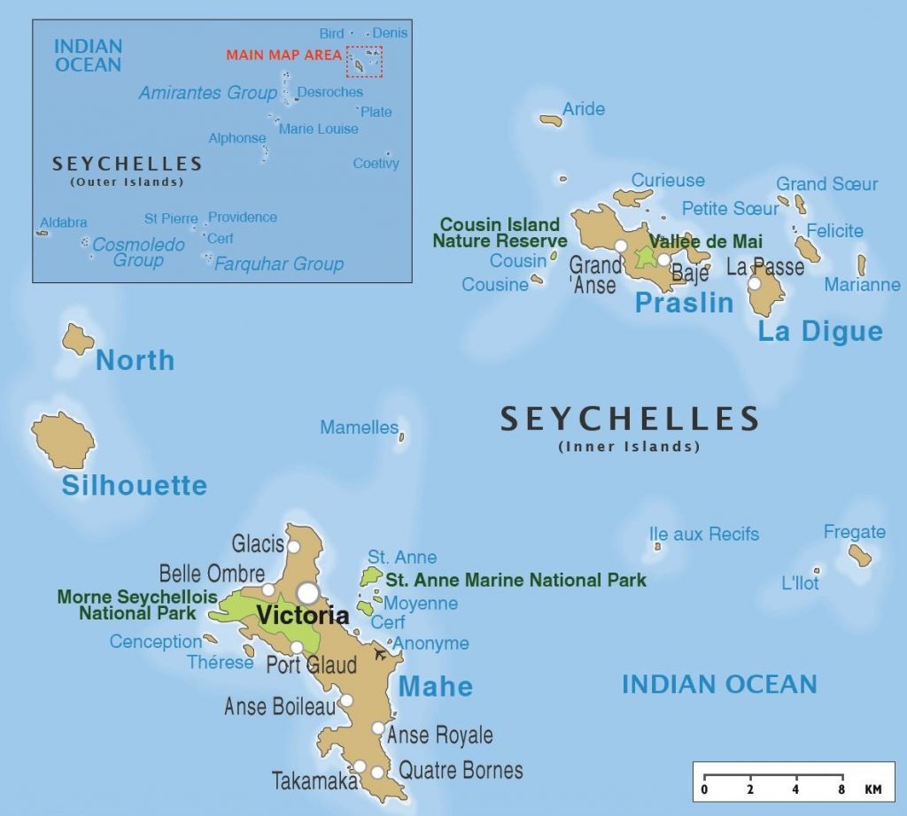 A general map of Seychelles showing its islands.
